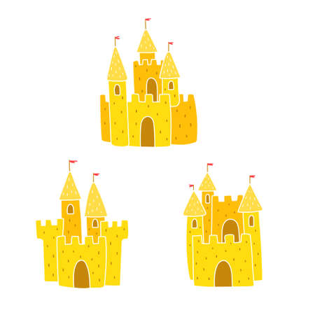 Beach sand castle vector set on white background. Color sculpture silhouette in doodle style with flag for poster, banner, sticker, children booksのイラスト素材