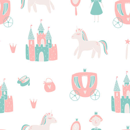 Cute kawaii princess seamless pattern with unicorn, carriage and castle. Fantasy doodle icon set for textile, design, background. Vector wallpaper for invite card, little princess partyのイラスト素材