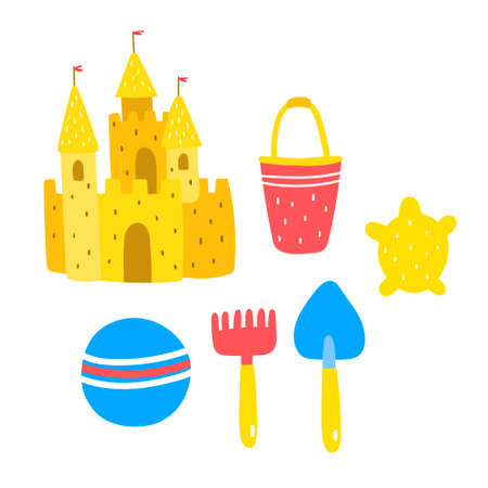 Vector illustration holiday summer set of sand castle and shovel. backet, rake and ball. For poster, children book on white background in doodle styleのイラスト素材