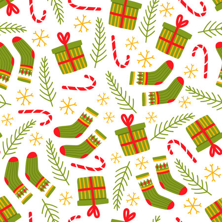cute seamless pattern with christmas elements. Candy cane, gift box, christmas red green socks,...