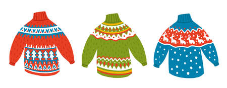 set of cute kawaii winter sweaters. Red, blue and green jumpers with beautiful ornament. Deer pattern with christmas sweatshirt. For design, concept, promotion and postcardsのイラスト素材