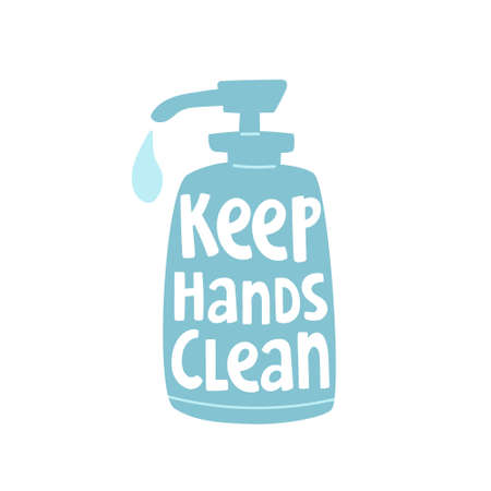 Vector illustration with liquid soap and text "Keep hands clean". Personal hygiene, disinfection and health protecting. Doodle artwork with disease prevention. Concept for infographic, blog and promoのイラスト素材