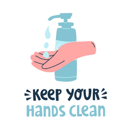 Vector illustration with hands and liquid soap. Personal hygiene, disinfection and health protecting. Doodle artwork with disease prevention. Concept for infographic, blog and promoのイラスト素材