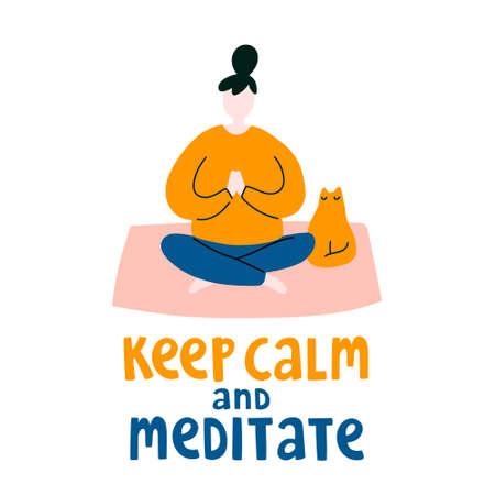 Vector illustration of woman doing yoga pose with little cat. Meditation yoga concept with text lettering "Keep calm and meditate". Sitting in lotus position. For design, blog, print and logoのイラスト素材