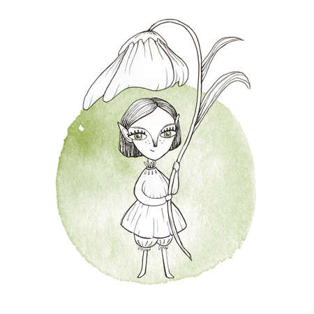 Illustration with cute fairy elf girl and big flower as like umbrella. Cartoon kawaii hand drown sketch watercolor artwork. Fantasy forest elf girl with big eyes. For coloring page, book and designの写真素材