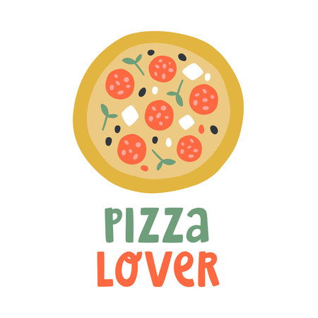 Cute vector illustration with pizza and hand drown lettering "Pizza lover". Pizza pepperoni top view in doodle cartoon style. For promotion, t-shirt, poster, pizzeria. Concept and design pizza loveのイラスト素材