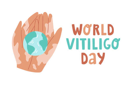 Vector illustration with hands holding planet earth and text lettering. World vitiligo day design concept. Support people with vitiligo skin disease.のイラスト素材