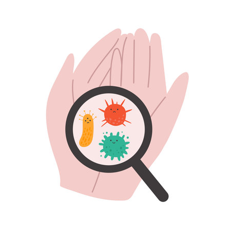 Cute vector illustration with hands, loupe and bacteria on it. Cartoon doodle style. Concept of medical protection from microbes. Prevent the spread of virus.   For blog, articlesのイラスト素材