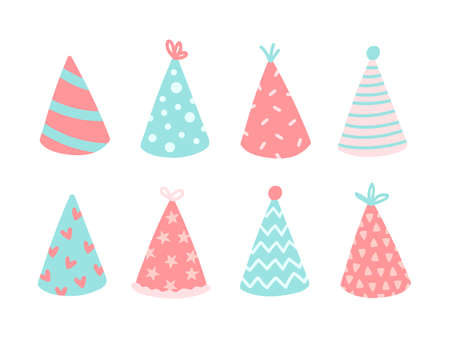 Cute doodle cartoon illustration with party hats. Colorful funny caps for birthday and another celebration. Pink and blue paper hats pastel color set. Carnival or xmas accessories. For designのイラスト素材