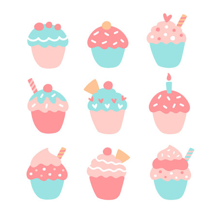 Cute vector illustration with cupcakes set. Pinl and blue pastel color. Sweet dessert set for your...