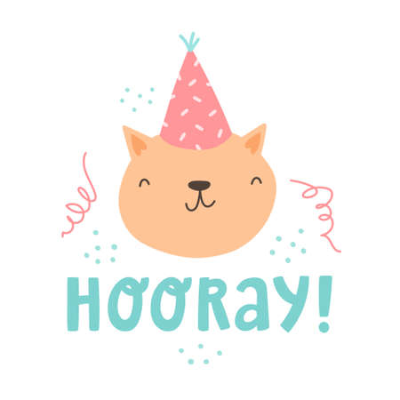 Cute doodle illustration with funny kitten and hand drawn lettering "Hooray!". Design concept of greeting card, poster and banner. Cat in party hat. Cartoon doodle styleのイラスト素材