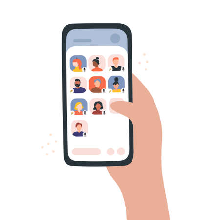Vector doodle illustration of hand holding smartphone. Social media audio network. People are talking online. Chat conversation with character icons on the screen. Online conferenceのイラスト素材