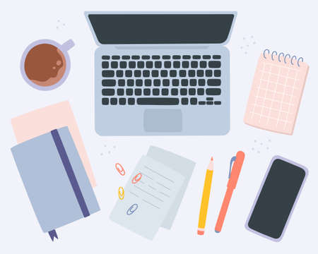 Cute vector illustration of workspace top view. Freelance desktop with cup of coffee, laptop, notebooks, pencil, smartphone and pen. Working at home. Cartoon style. business elements conceptのイラスト素材