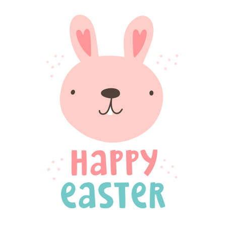Cute vector illustration with bunny and text lettering "Happy Easter". Greeting card concept. Idea design for poster, banner. Pink rabbit with hearts ears. Cartoon childish style. Pastel colorのイラスト素材