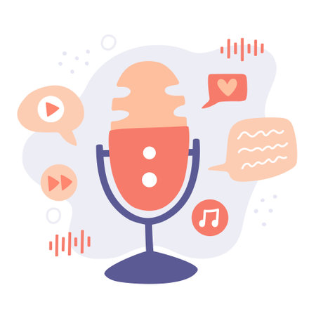 Cute cartoon podcast concept. Vector illustration with microphone. Modern show icon logo. Studio microphone broadcast. Speech bubble around. Media equipment for radio show. Concept designのイラスト素材