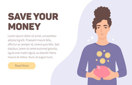 Vector illustration of landing page with save money concept. Young woman holding money box. Piggy bank with golden coins. Finance and investment. Charity or donation concept in cartoon flat styleのイラスト素材