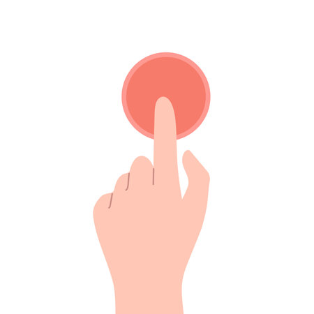 Vector illustration with hand and finger press red button. Social media and marketing concept. Action to start. Touch concept in flat cartoon style. Isolated on white backgroundのイラスト素材