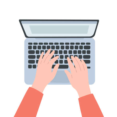 Vector illustration top view hands typing on laptop computer. Freelancer, developer or designer workplace. Cartoon doodle flat style. Work from home concept. Businessman workingのイラスト素材