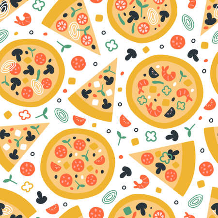 Seamless vector texture with pizza slices and ingredients. Tomato, cheese, bacon, shrimps, pepper, onion, pineapple, salami. Food menu restaurant pattern concept with tasty elementsのイラスト素材