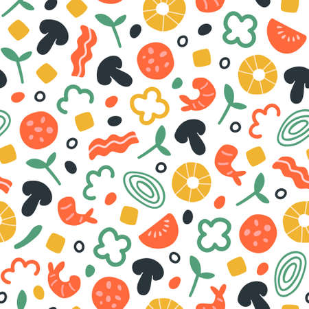 Seamless vector texture with pizza ingredients. Food menu restaurant pattern concept with tasty elements. Tomato, cheese, bacon, shrimps, pepper, green, pineapple, salamiのイラスト素材