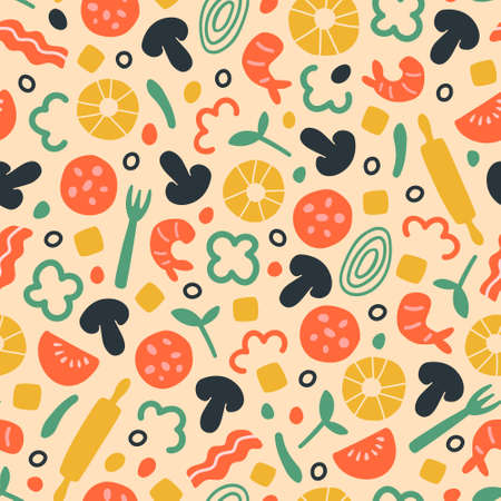 Cute vector seamless pattern with pizza ingredients. Concept design for menu restaurant, box, promo materials, textile and wallpaper. Tasty italian meal with salami, pepperoni, pineapple, tomato, onionのイラスト素材