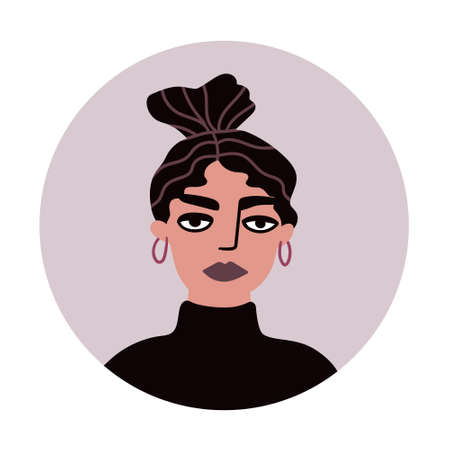 Vector illustration with female person. Avatar curly brunette female character for social media. Flat icon design of young woman for business profile in flat cartoon styleのイラスト素材