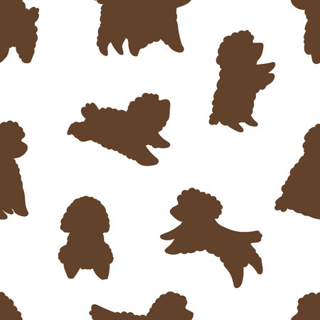 Vector cute seamless pattern with silhouettes of dogs. Toy poodle puppy in different poses. hand-drawn illustration. Trendy design concept for textile, childish clothes, wallpaperのイラスト素材