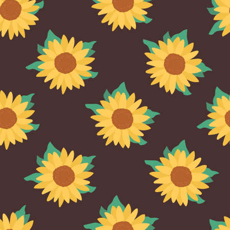 Cute doodle illustration with vector seamless pattern. Sunflowers on dark background. Botanical pattern for textile, design, print materials. hand drawn illustrationのイラスト素材