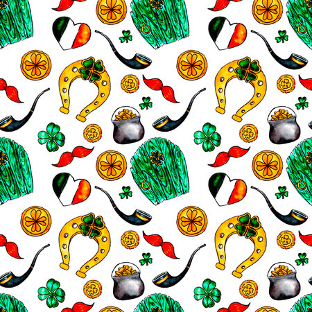 seamless hand drawn watercolor pattern leprechaun doorの写真素材