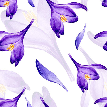 Hand drawn watercolor seamless floral pattern with purple lilac crocus saffron flowers 4の写真素材