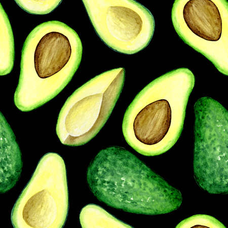 6052 Avocado watercolor seamless pattern on black backgroundの写真素材