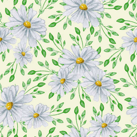 6026 Watercolor chamomile and wild cereals gentle, calm seamless pattern on light backgroundの写真素材