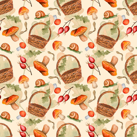 8040 Forest picking mushrooms village seamless pattern. Snail, willow basket, mushroom, rose hip, oak leaf rustic elements fabric.の写真素材