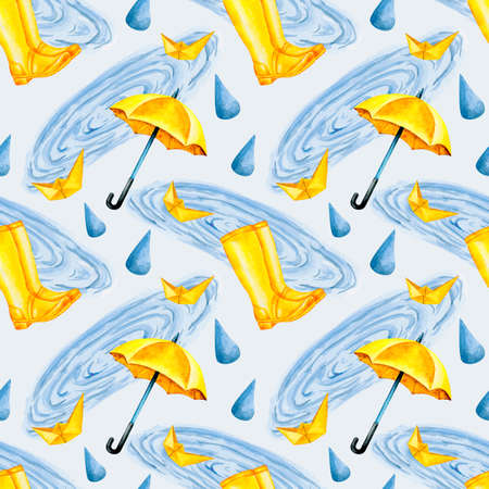 8056 Rainy day fabric. Yellow umbrella, boots, paper boat, puddle, water drops. Watercolor seamless pattern.の写真素材