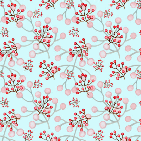 8052 Red berry branch pattern. Watercolor floral seamless pattern. Winter wallpaper.