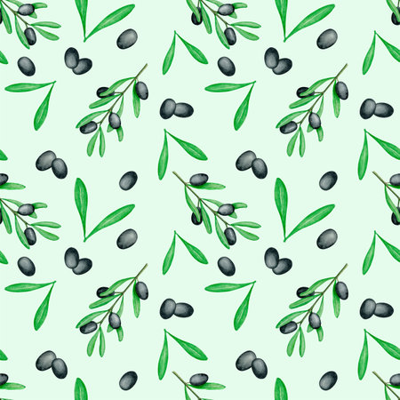 8062 Black olives branch fabric. Watercolor Botanical seamless pattern.の写真素材