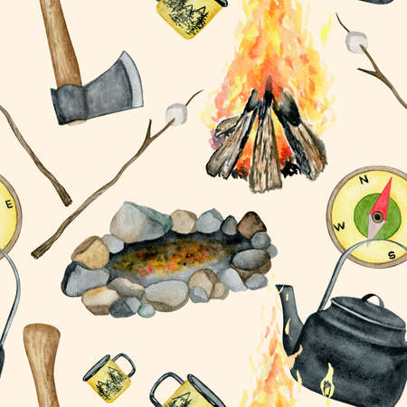 8098 Watercolor camping elements seamless pattern. Ax, bonfire, compass, kettle, marshmallow.の写真素材
