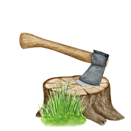 8087 Watercolor hand drawn tourist illustration. Tree stump, grass bush and hiking ax.の写真素材