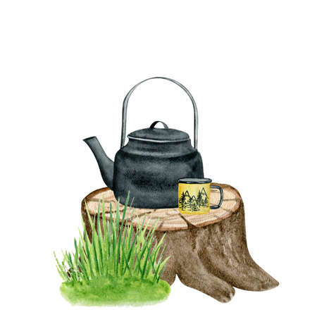 8088 Watercolor hand drawn camping illustration. Tree stump, grass bush, kettle, metal mug.の写真素材