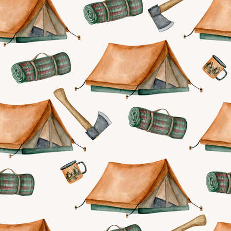 8096 Watercolor camping elements seamless pattern. Ax, tent, mug, blanket.の写真素材