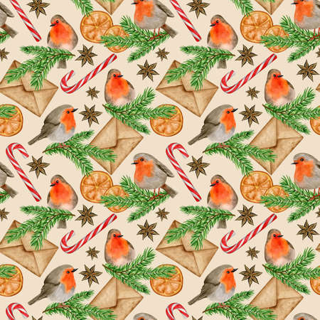 Robin bird on a fir branch and Christmas sweets. Winter watercolor seamless patternの写真素材