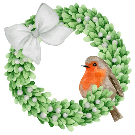 Watercolor mistletoe Christmas wreath with robin bird and white bow.の写真素材