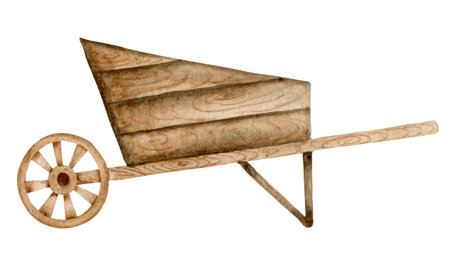 Wooden wheelbarrow watercolor rustic illustration. Farmhouse element, harvest art.の写真素材