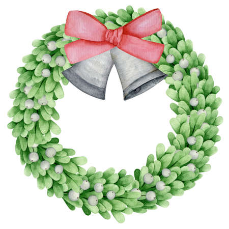 Watercolor mistletoe hand drawn wreath. Christmas door hanger illustrationの写真素材