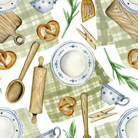 Watercolor pattern of vintage utensils in a rustic style. Kitchen rustic patternの写真素材