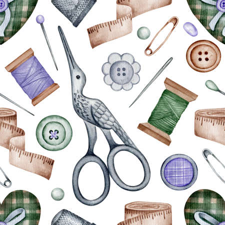 Antique sewing accessories elements watercolor seamless pattern. Needlework background for fabric, scrapbookind, gift wrapping paper.の写真素材