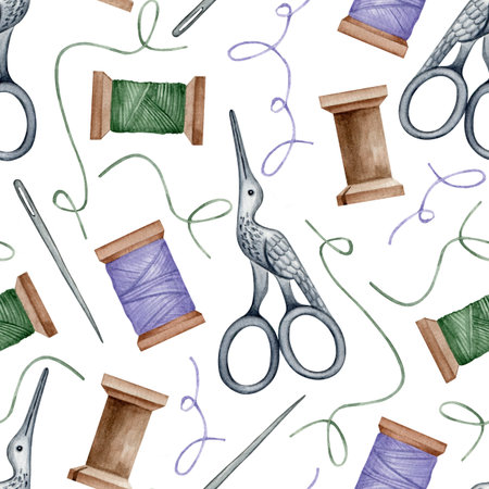 Antique sewing accessories elements watercolor seamless pattern. Needlework background for fabric,...