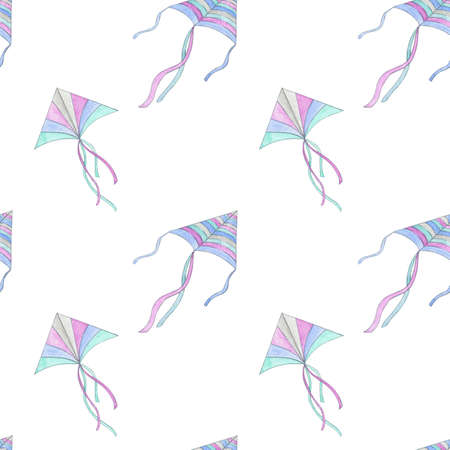 Paper kites toys watercolor seamless pattern. Kids gentle fabric texture in pastel colorsの写真素材