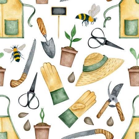Village garden tools and accessories watercolor elements seamless patternの写真素材