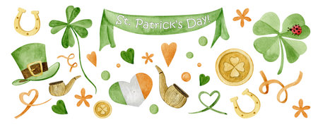 Collection of watercolor isolated elements for St. Patrick's Day. Hand-drawn leprechauns and festive...